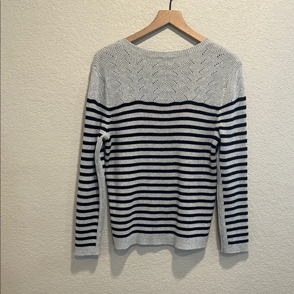 Talbots Nautical Stripe Sweater XL Navy Gray Cotton Knit Coastal Button Shoulder - Picture 6 of 7